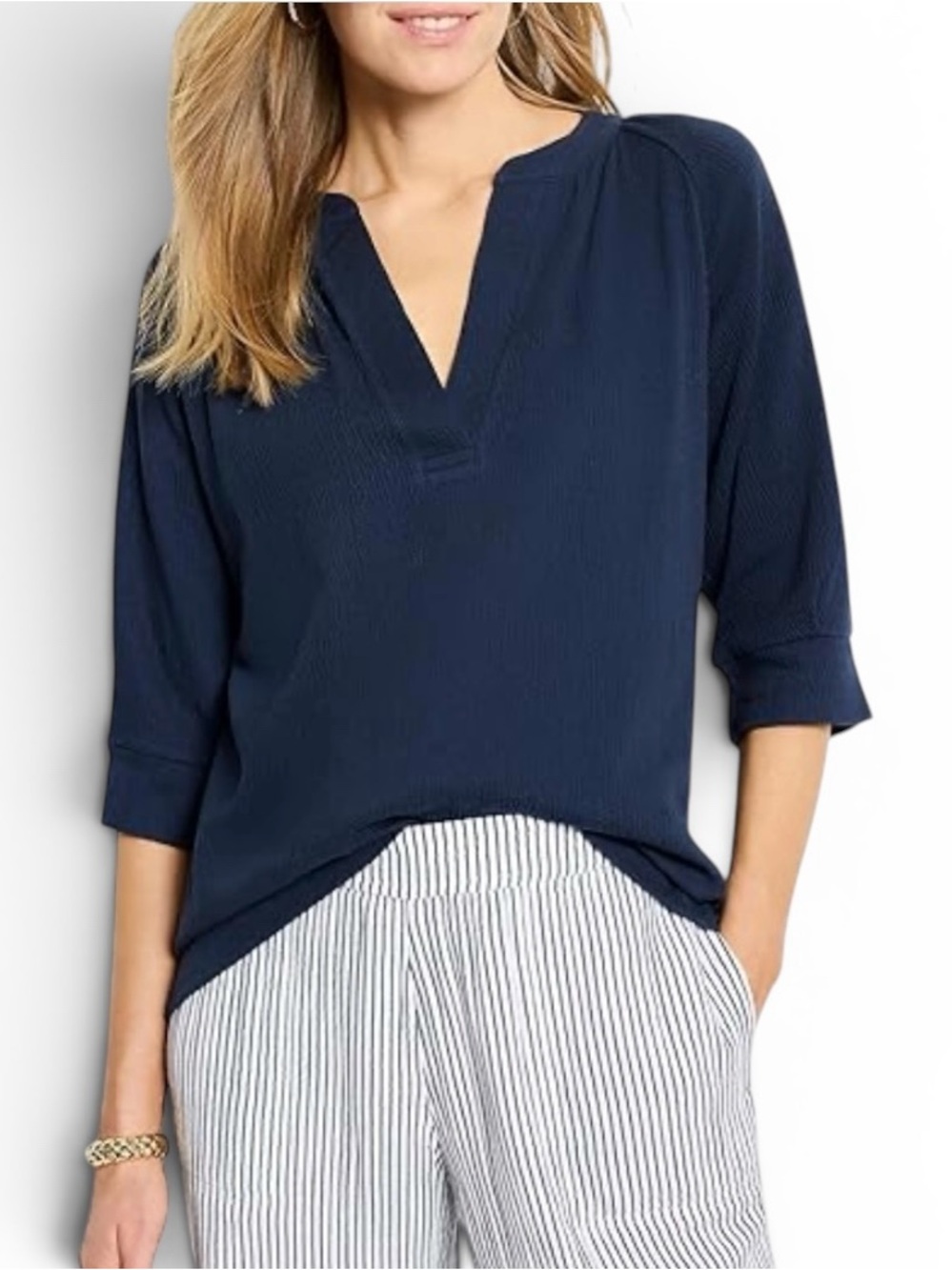 NIC+ZOE Downtown V-Neck Elbow Sleeve Cotton Blend Blouse Top XXL Navy Blue